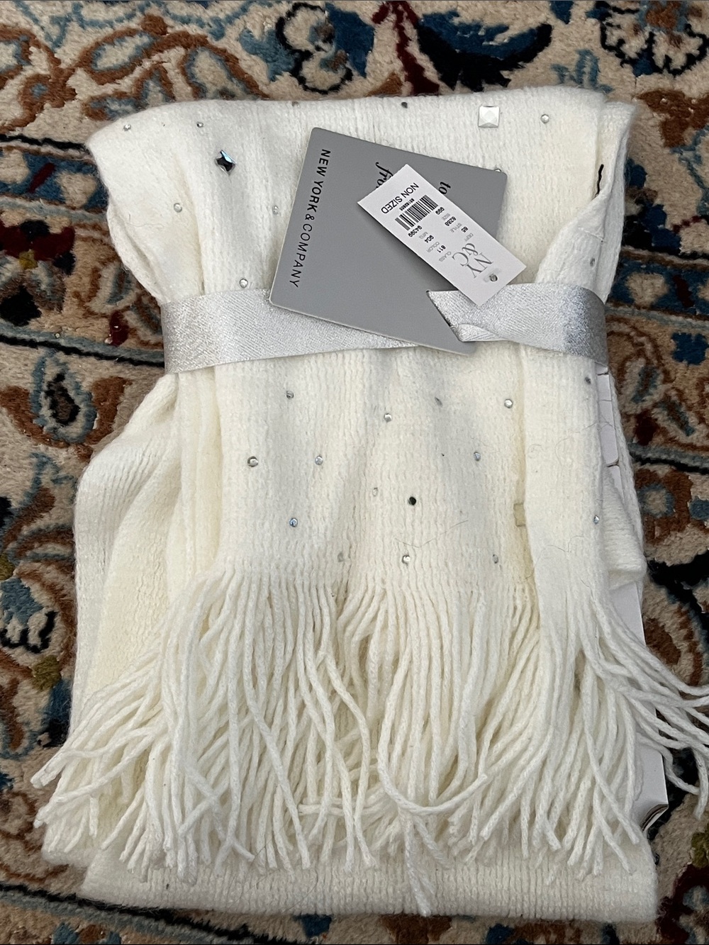 New York & Company Cream Knit Fringe Throw with Sparkle